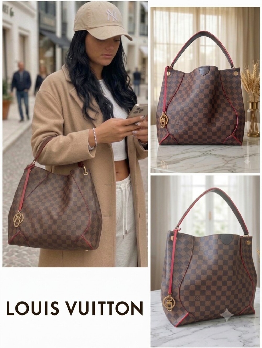 Louis Vuitton Caissa Hobo Damier Ebene Red Cherry Bag Full Set ✨️ EUC
